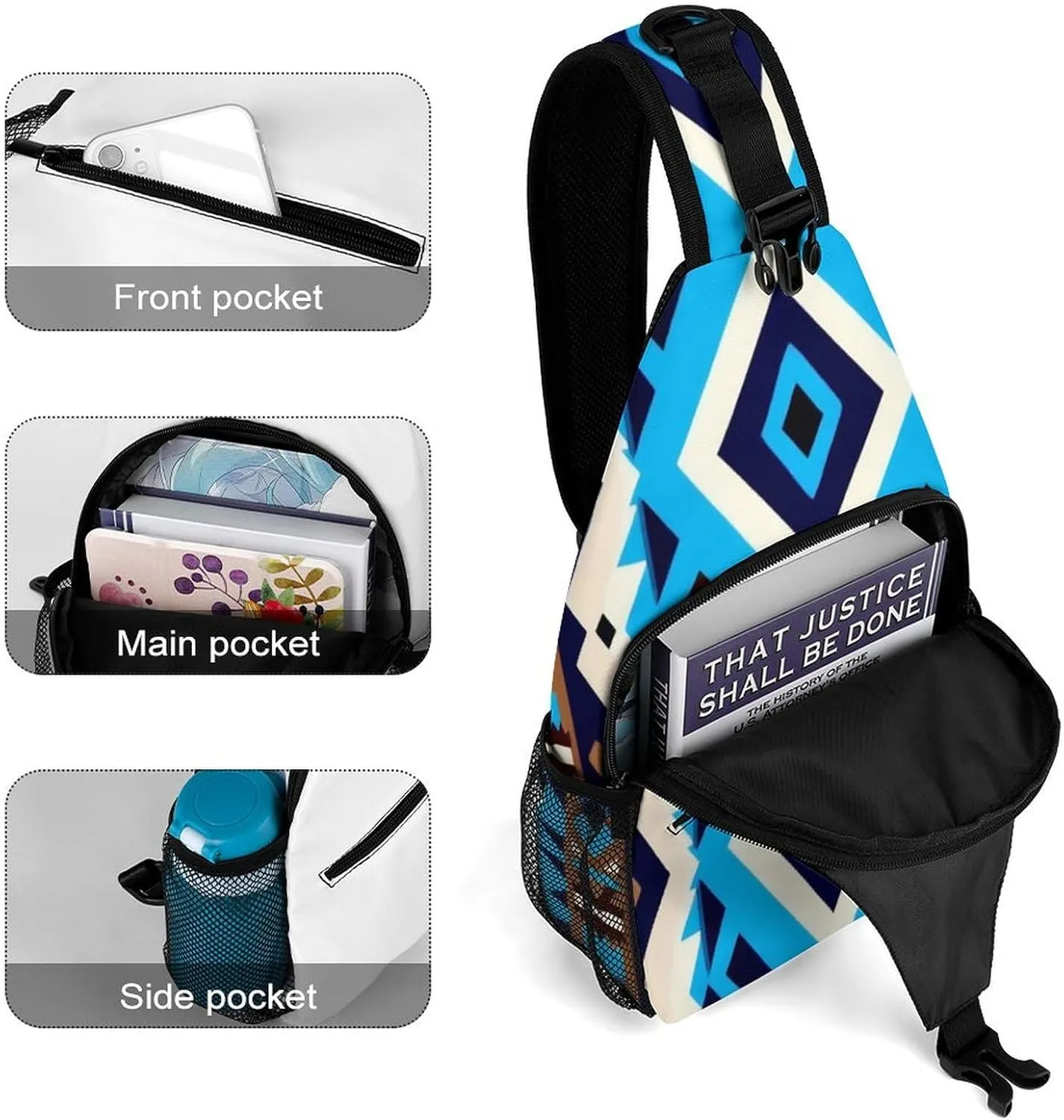 Supdreamc Men's Sling Bag Backpack Foldable Breathable Chest Sling Shoulder Backpacks Bags - Blue Geometric Tribal Navajo Aztec Ethnic Multipurpose Anti-Theft Backpacking Bookbag