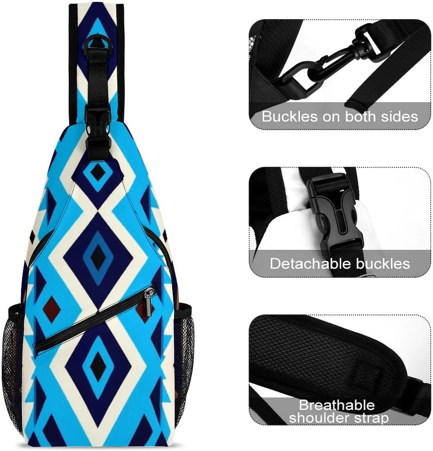 Supdreamc Men's Sling Bag Backpack Foldable Breathable Chest Sling Shoulder Backpacks Bags - Blue Geometric Tribal Navajo Aztec Ethnic Multipurpose Anti-Theft Backpacking Bookbag