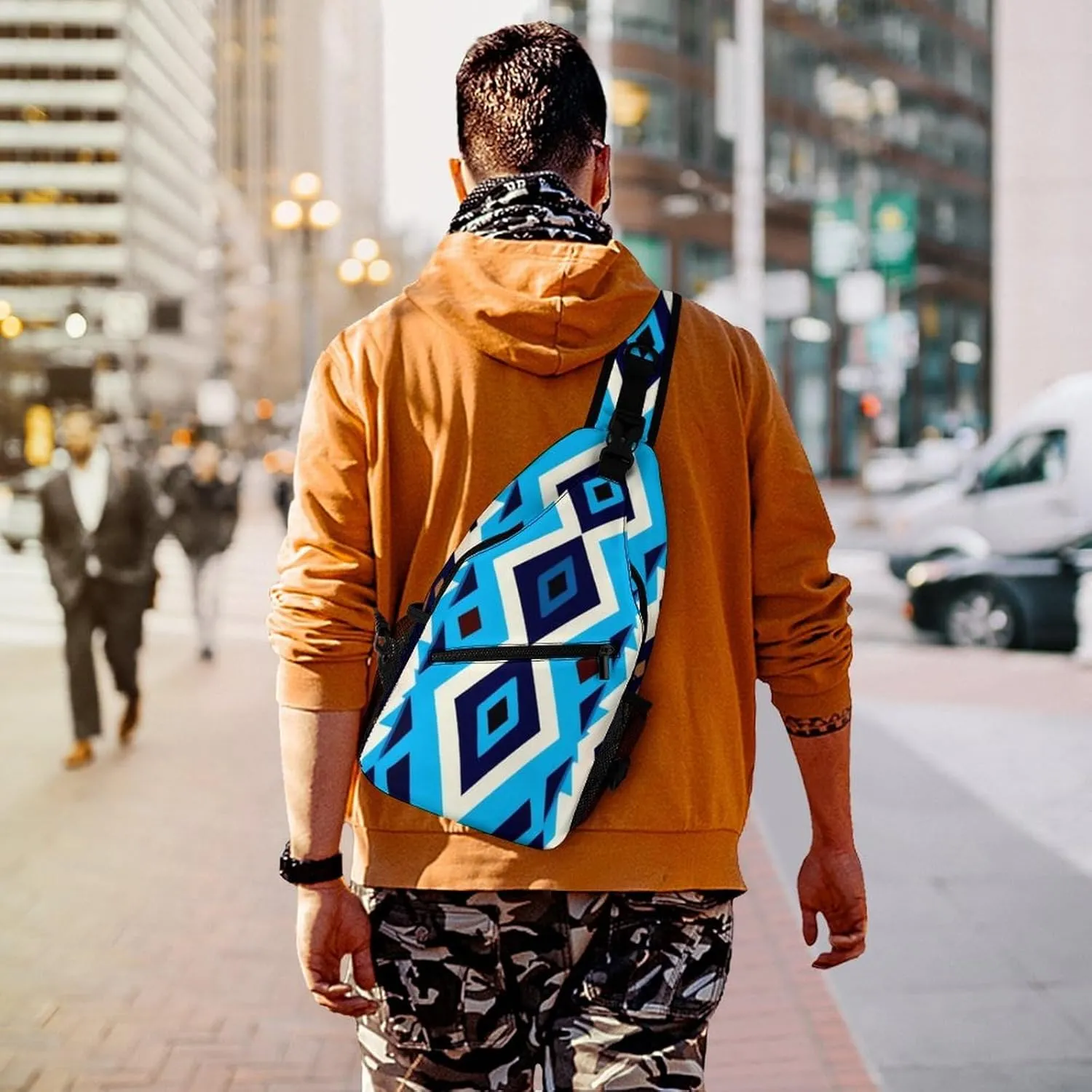 Supdreamc Men's Sling Bag Backpack Foldable Breathable Chest Sling Shoulder Backpacks Bags - Blue Geometric Tribal Navajo Aztec Ethnic Multipurpose Anti-Theft Backpacking Bookbag