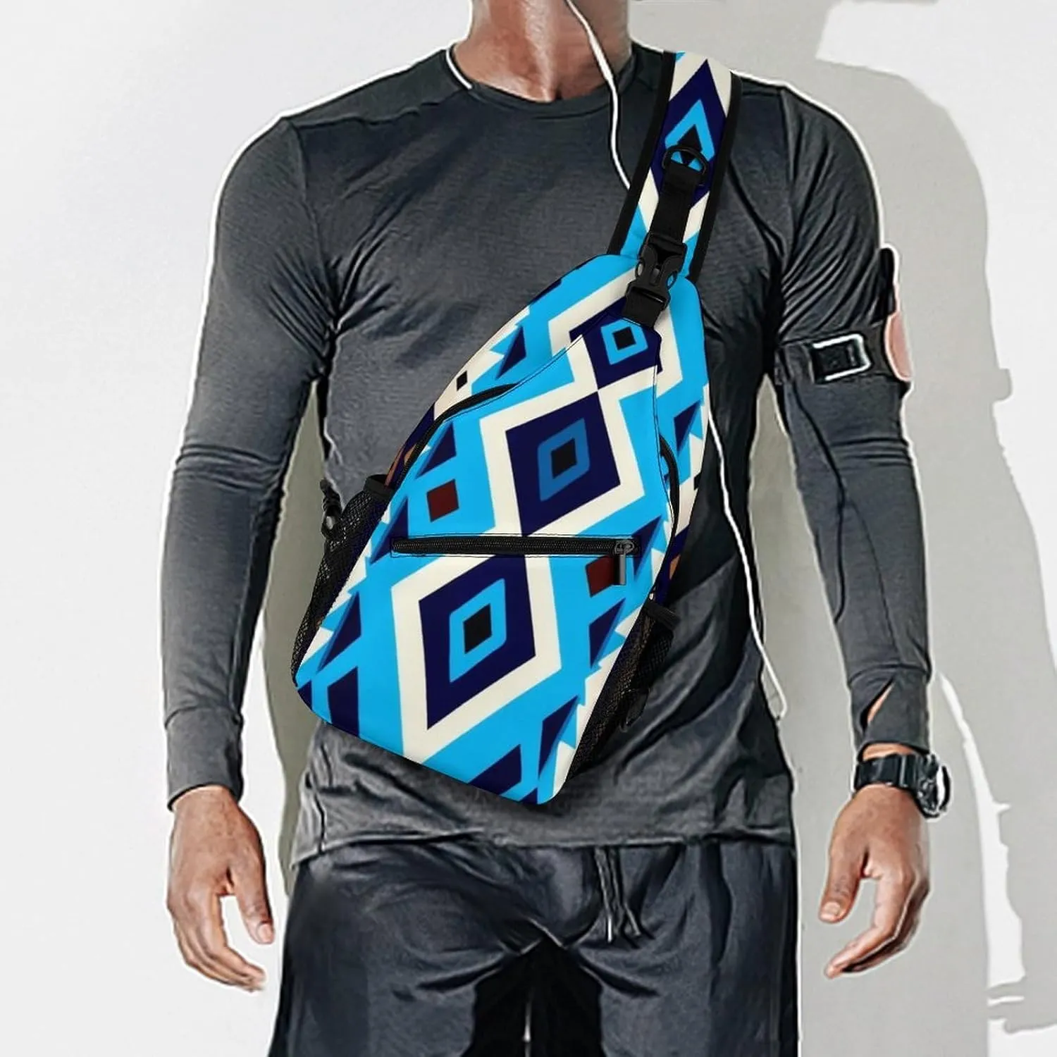 Supdreamc Men's Sling Bag Backpack Foldable Breathable Chest Sling Shoulder Backpacks Bags - Blue Geometric Tribal Navajo Aztec Ethnic Multipurpose Anti-Theft Backpacking Bookbag