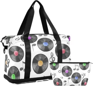 susiyo Travel Duffel Bags for Women, Watercolor Vintage Vinyl Lp and Music Notes Sports Duffel Bags Gym Bags with Shoes Compartment, Tote Bag Weekender Bag for Travelling