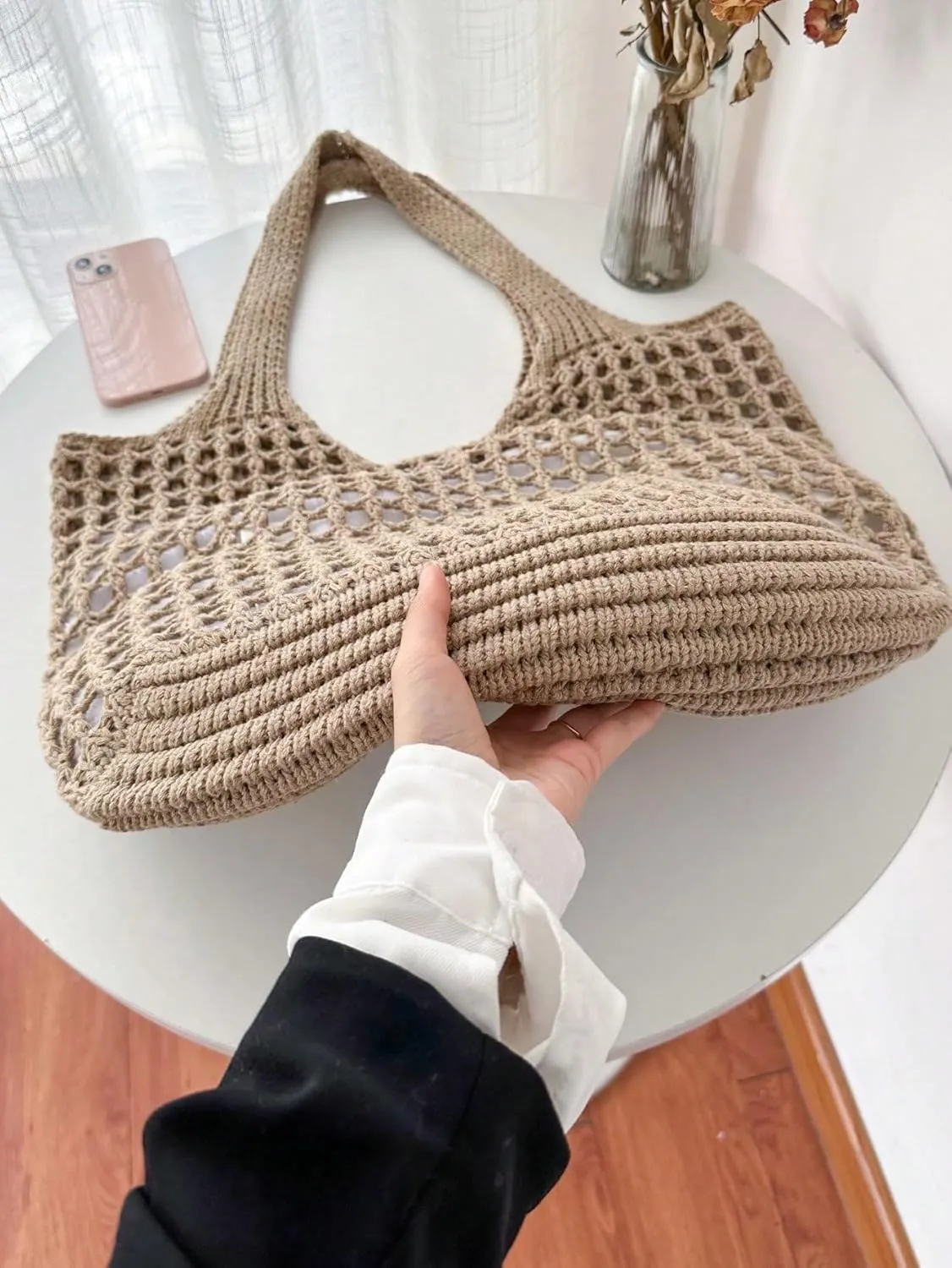 SweatyRocks Women's Crochet Beach Mesh Tote Bags Retro Hobo Knitted Fishnet Handbags
