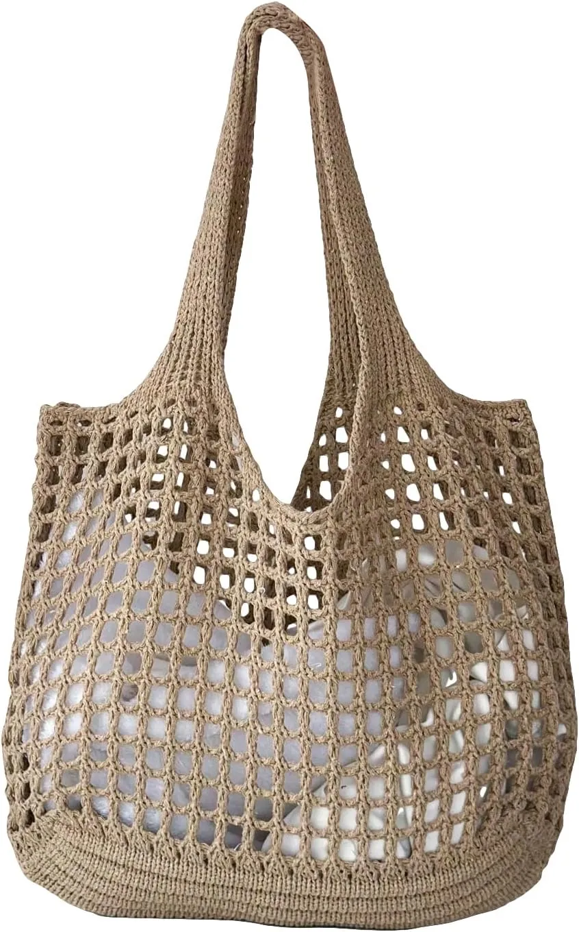 SweatyRocks Women's Crochet Beach Mesh Tote Bags Retro Hobo Knitted Fishnet Handbags
