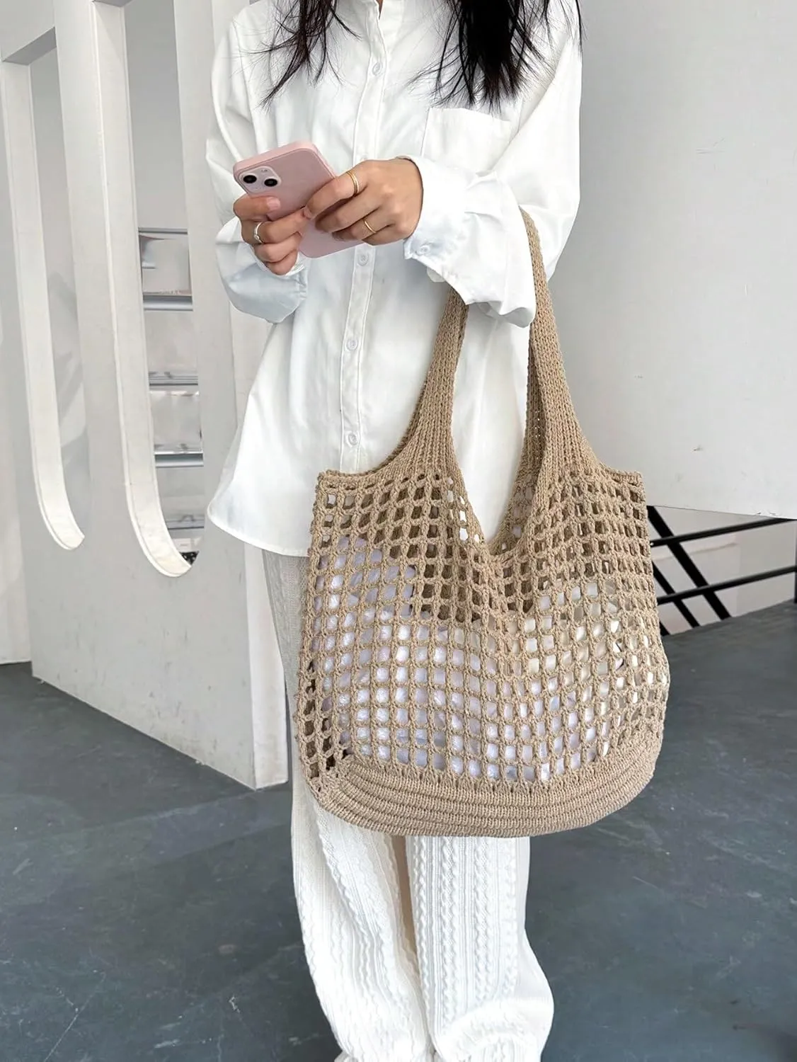 SweatyRocks Women's Crochet Beach Mesh Tote Bags Retro Hobo Knitted Fishnet Handbags