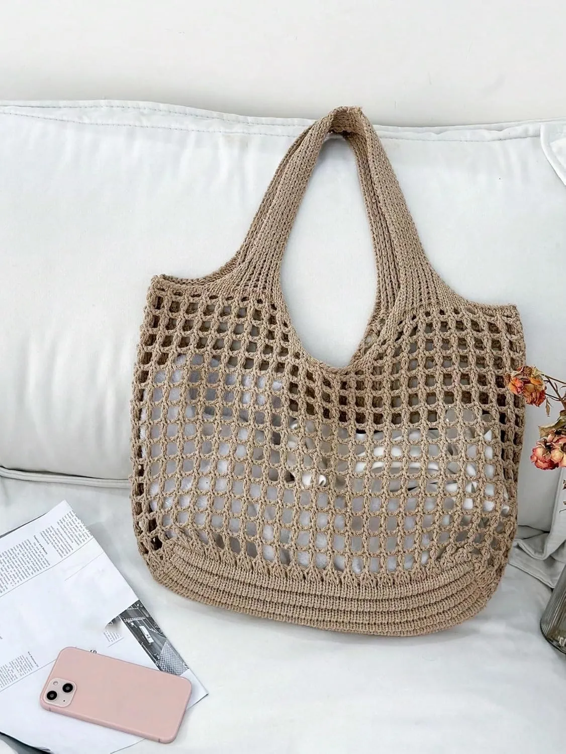 SweatyRocks Women's Crochet Beach Mesh Tote Bags Retro Hobo Knitted Fishnet Handbags