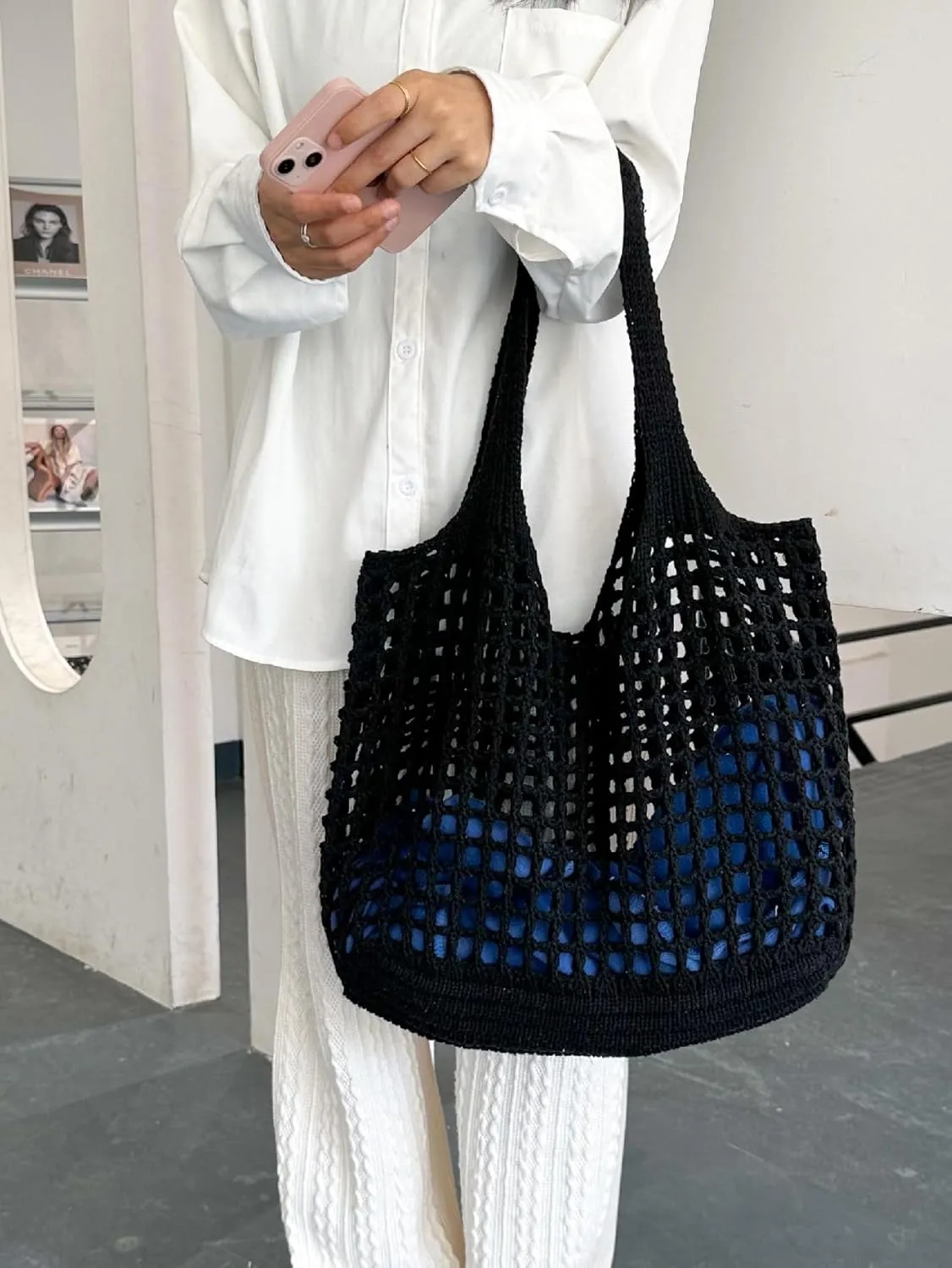 SweatyRocks Women's Crochet Beach Mesh Tote Bags Retro Hobo Knitted Fishnet Handbags