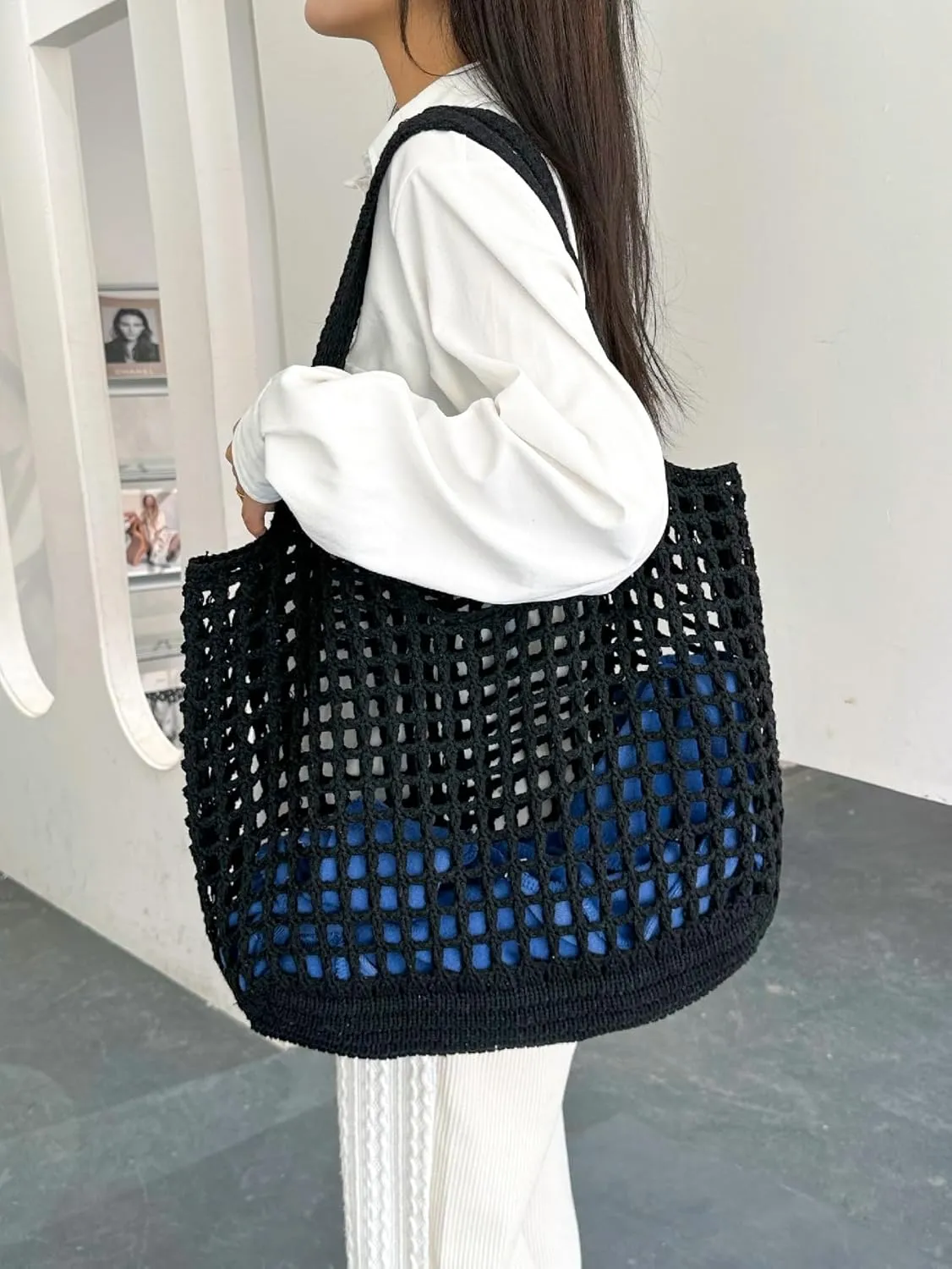 SweatyRocks Women's Crochet Beach Mesh Tote Bags Retro Hobo Knitted Fishnet Handbags