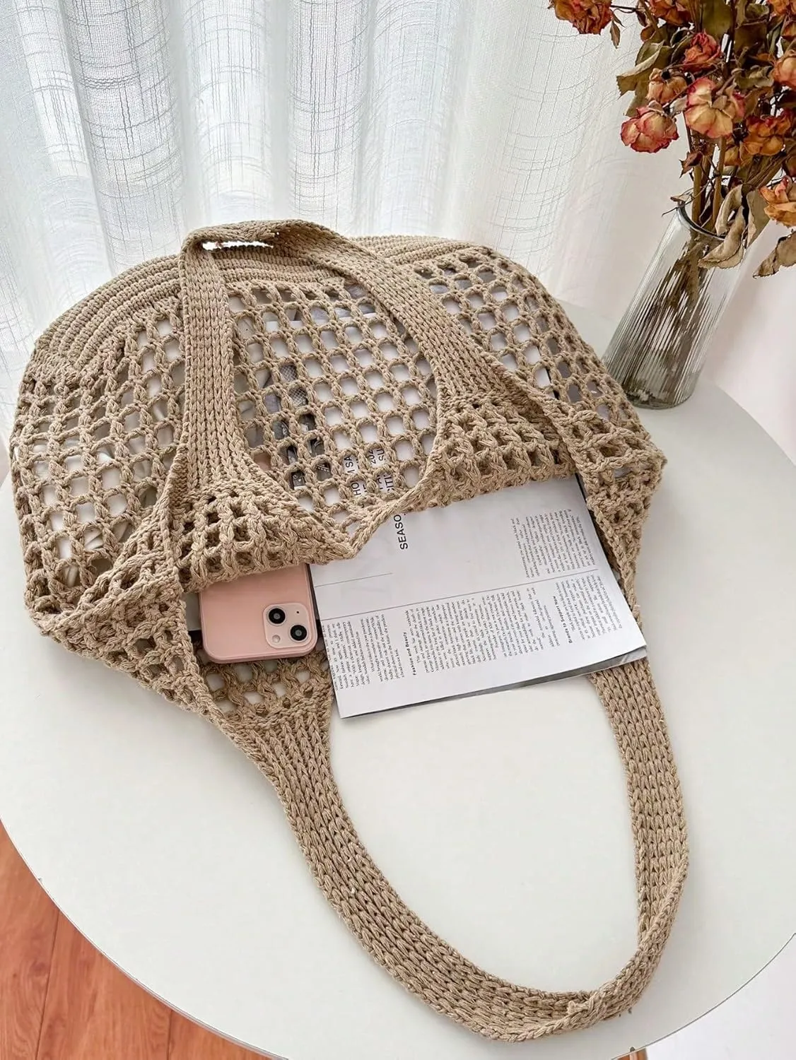SweatyRocks Women's Crochet Beach Mesh Tote Bags Retro Hobo Knitted Fishnet Handbags