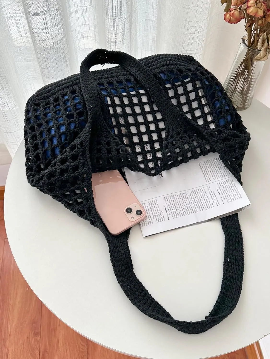 SweatyRocks Women's Crochet Beach Mesh Tote Bags Retro Hobo Knitted Fishnet Handbags