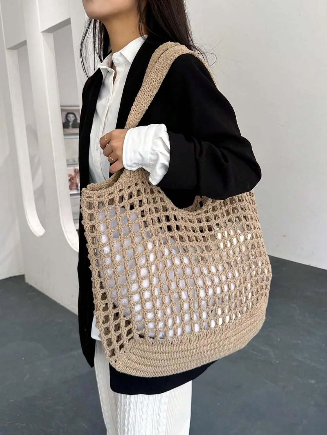 SweatyRocks Women's Crochet Beach Mesh Tote Bags Retro Hobo Knitted Fishnet Handbags