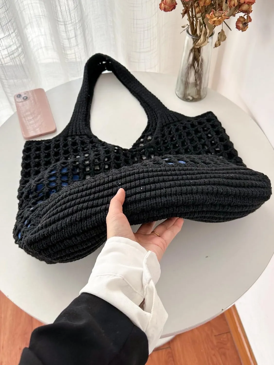 SweatyRocks Women's Crochet Beach Mesh Tote Bags Retro Hobo Knitted Fishnet Handbags