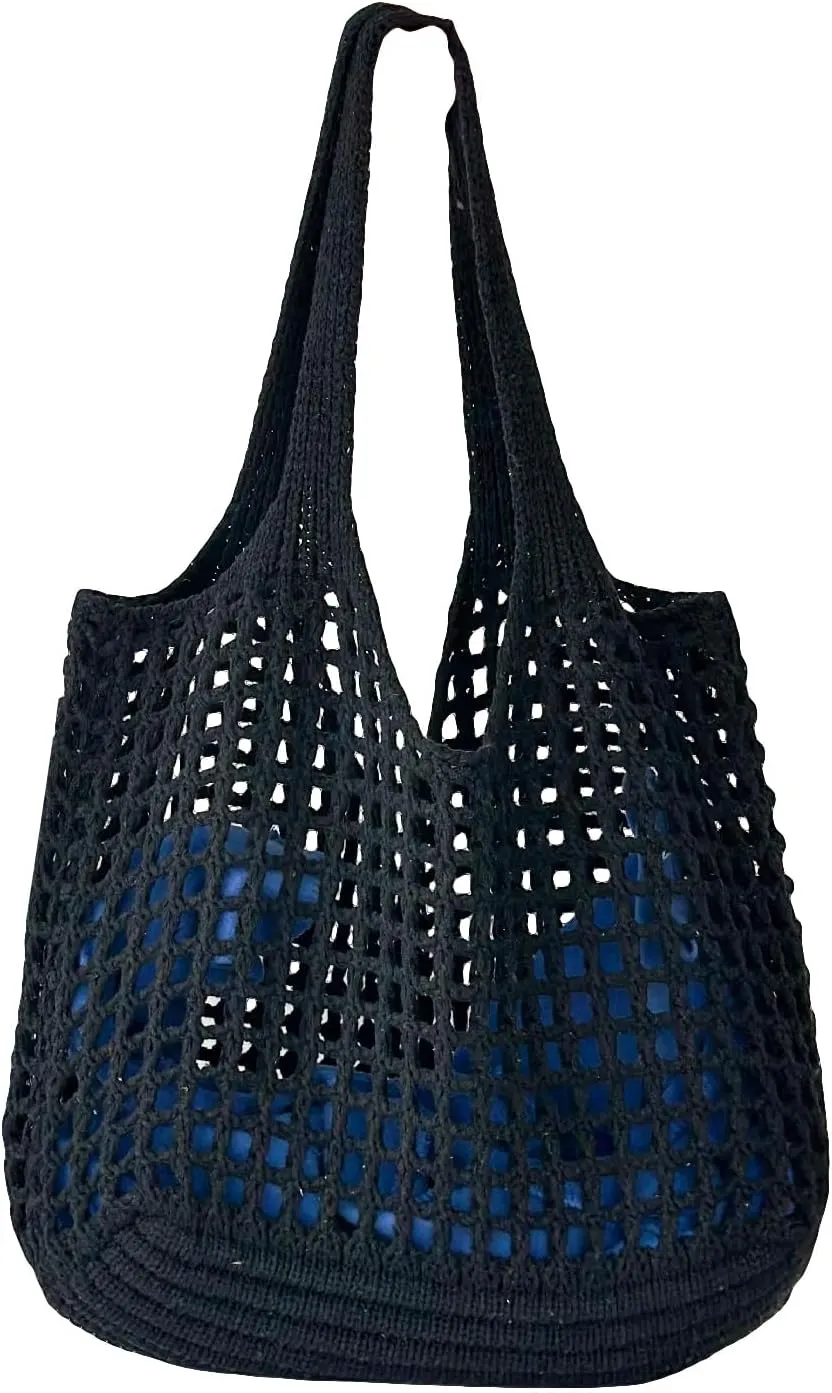 SweatyRocks Women's Crochet Beach Mesh Tote Bags Retro Hobo Knitted Fishnet Handbags