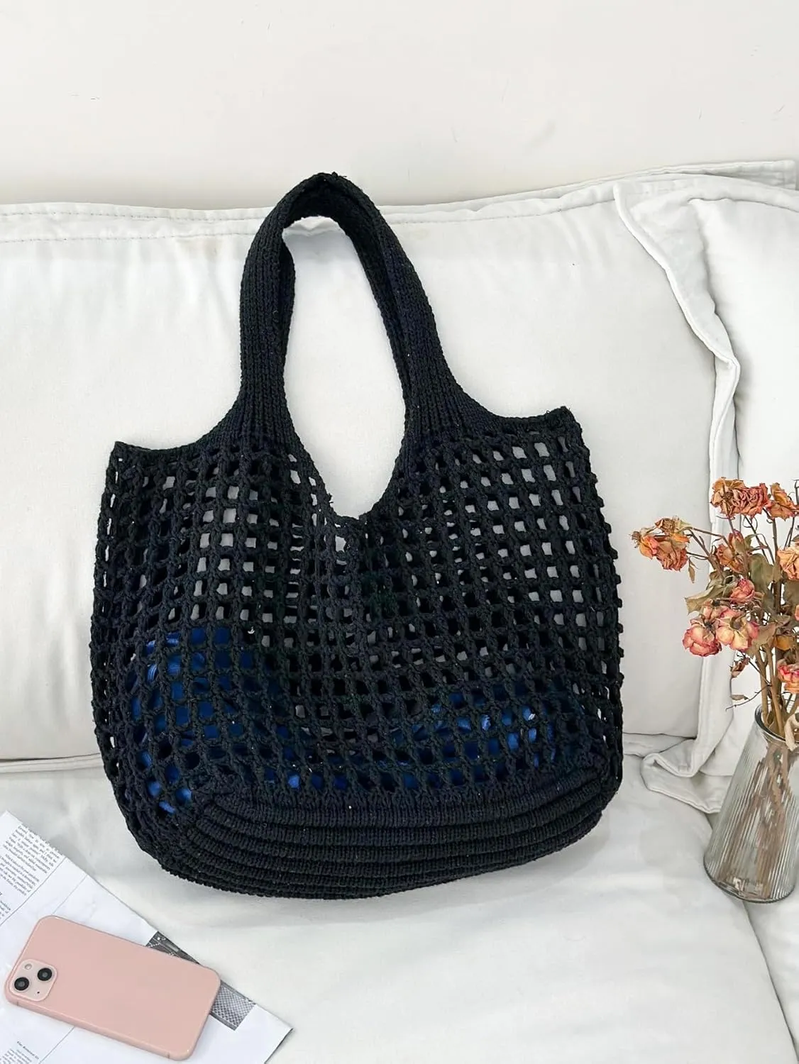 SweatyRocks Women's Crochet Beach Mesh Tote Bags Retro Hobo Knitted Fishnet Handbags