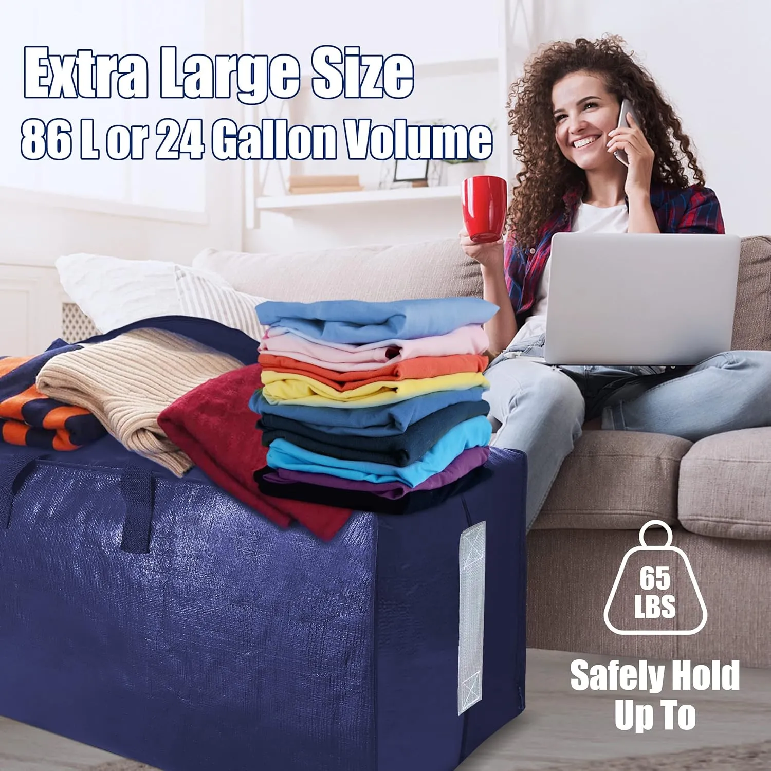 SWEET DOLPHIN 12 Pack Extra Large Moving Bags with Strong Zippers & Carrying Handles, Heavy Duty Storage Tote for Space Saving Moving Storage, Fold Flat, Alternative to Moving Box (Navy Blue)