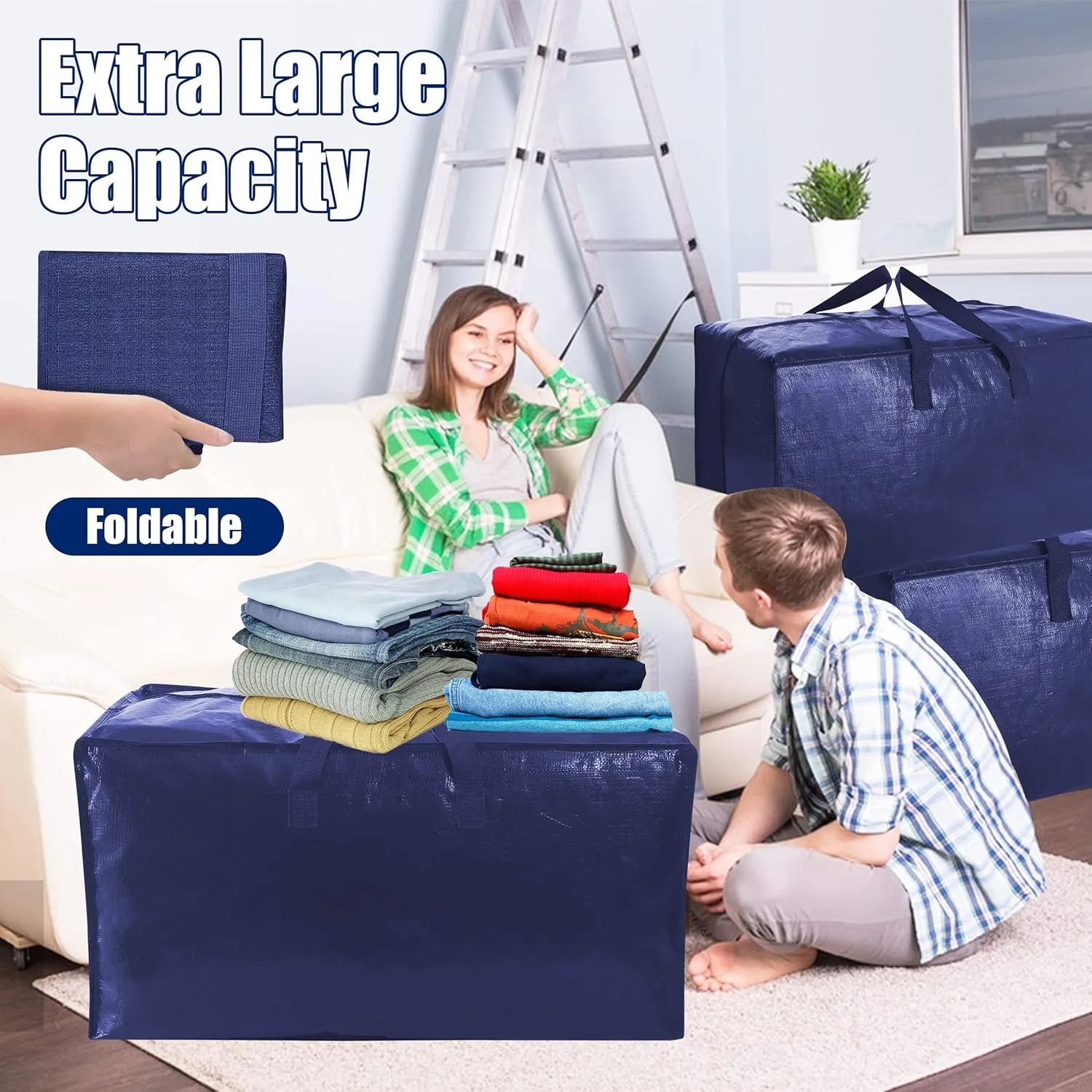 SWEET DOLPHIN 12 Pack Extra Large Moving Bags with Strong Zippers & Carrying Handles, Heavy Duty Storage Tote for Space Saving Moving Storage, Fold Flat, Alternative to Moving Box (Navy Blue)