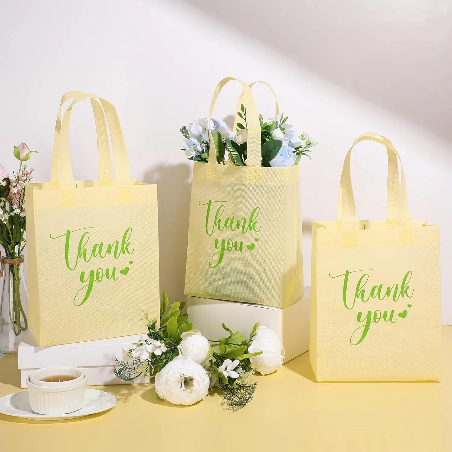 Sweetude 30 Pcs Thank You Gift Bags with Handles Bulk Reusable Goodie Bag Non Woven Foldable Handbag for Graduation Wedding Bridesmaid Gifts(10 x 8 x 4 Inch,Beige)