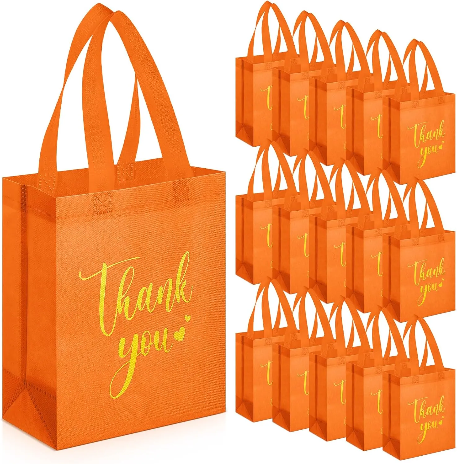 Sweetude 30 Pcs Thank You Gift Bags with Handles Bulk Reusable Goodie Bag Non Woven Foldable Handbag for Graduation Wedding Bridesmaid Gifts(10 x 8 x 4 Inch,Orange)
