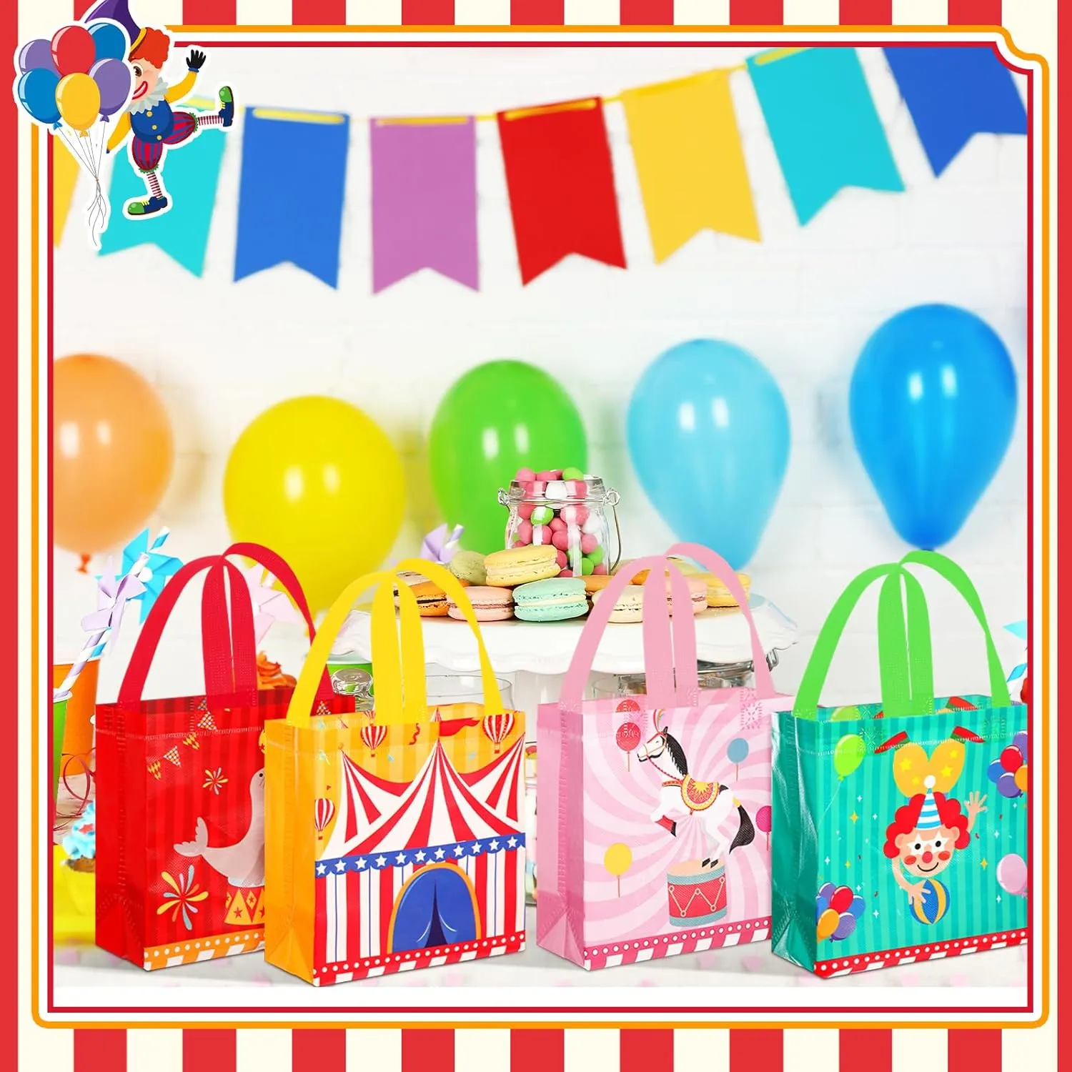 Sweetude 40 Pcs Circus Gift Bags Carnival Party Treat Colorful Circus Theme Candy Bags with Handles for Party