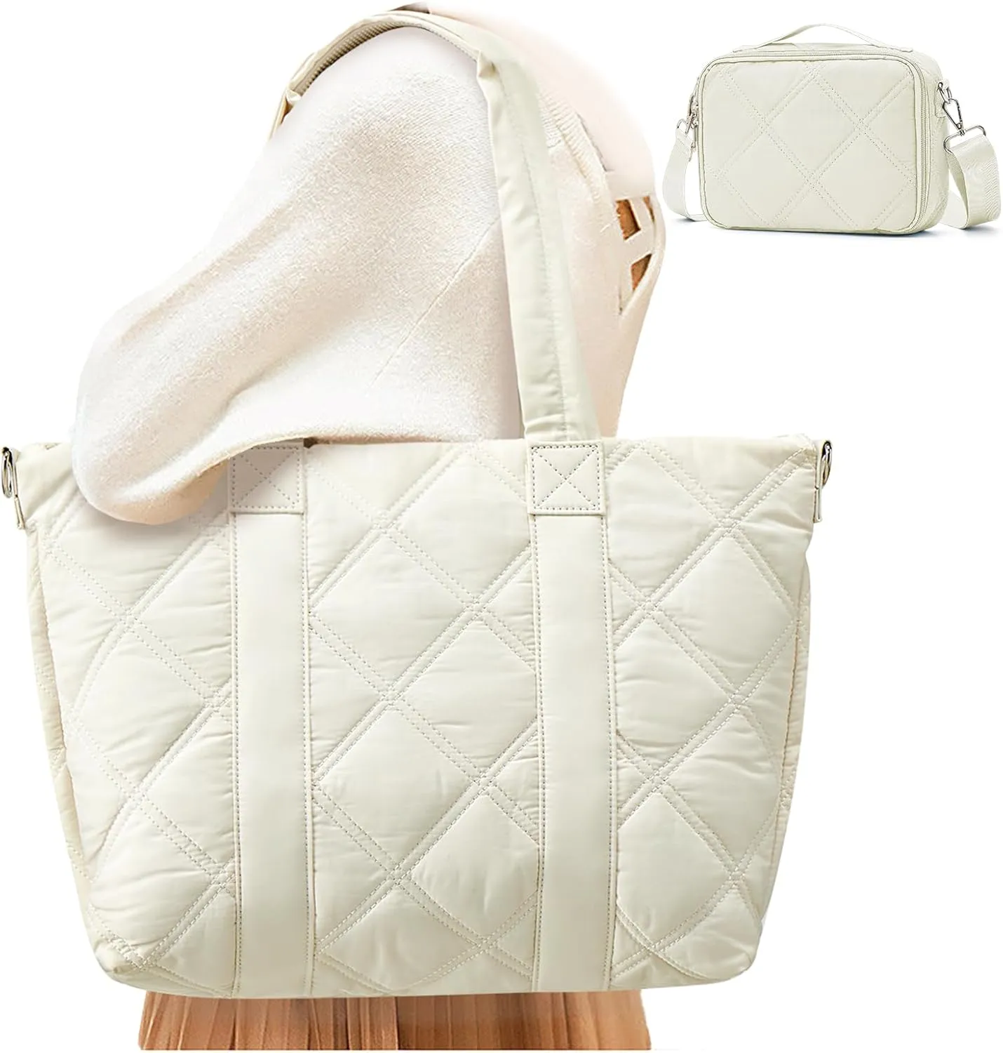 SYCNB Laptop Tote for Women, Travel Shoulder Bag with Laptop Compartment, Quilted Purse with Toiletry Bag
