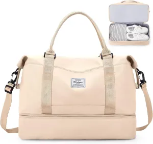 SYCNB Weekender Bags for Women,Personal Item Travel Bag with Shoes Compartment,Overnight Travel Duffel Bag,Gym Bag,Beige