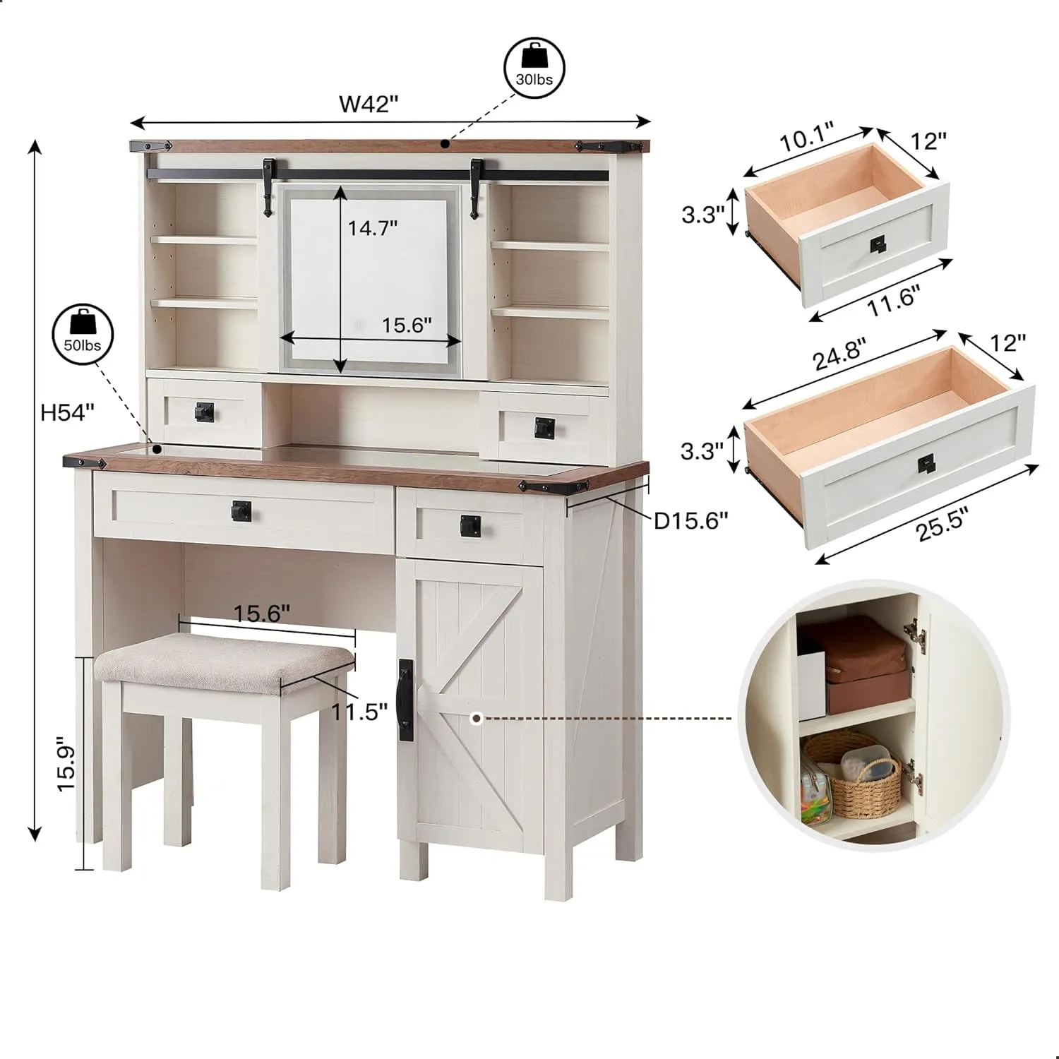 T4TREAM Farmhouse Makeup Vanity Desk with Sliding Mirror and Lights, 42'' Glass Tabletop Vanity Table with 2 Drawers & Shelves, Rustic Big Vanity Set for Bedroom, Stool Included, Antique White