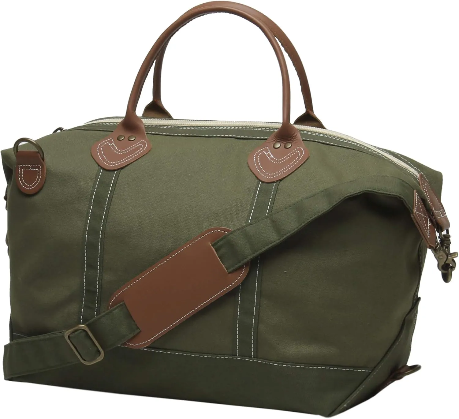 Tag&Crew Solid Signature 18 Oz. Heavy Canvas Leather Handle Weekender Duffle Bag with Detachable Shoulder Strap Used For Overnight Travel Business Trips Short Vacations - Olive