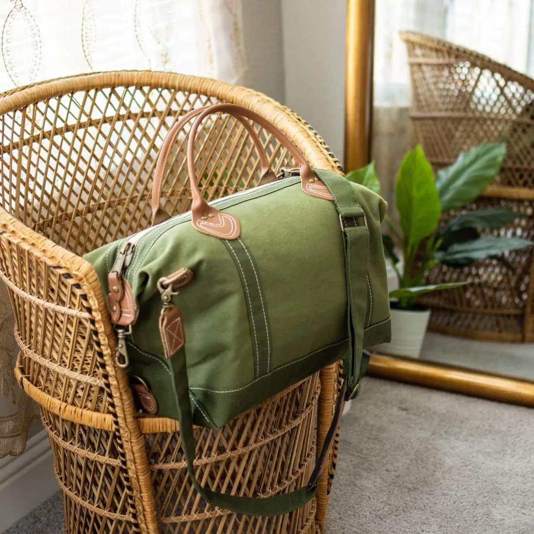 Tag&Crew Solid Signature 18 Oz. Heavy Canvas Leather Handle Weekender Duffle Bag with Detachable Shoulder Strap Used For Overnight Travel Business Trips Short Vacations - Olive