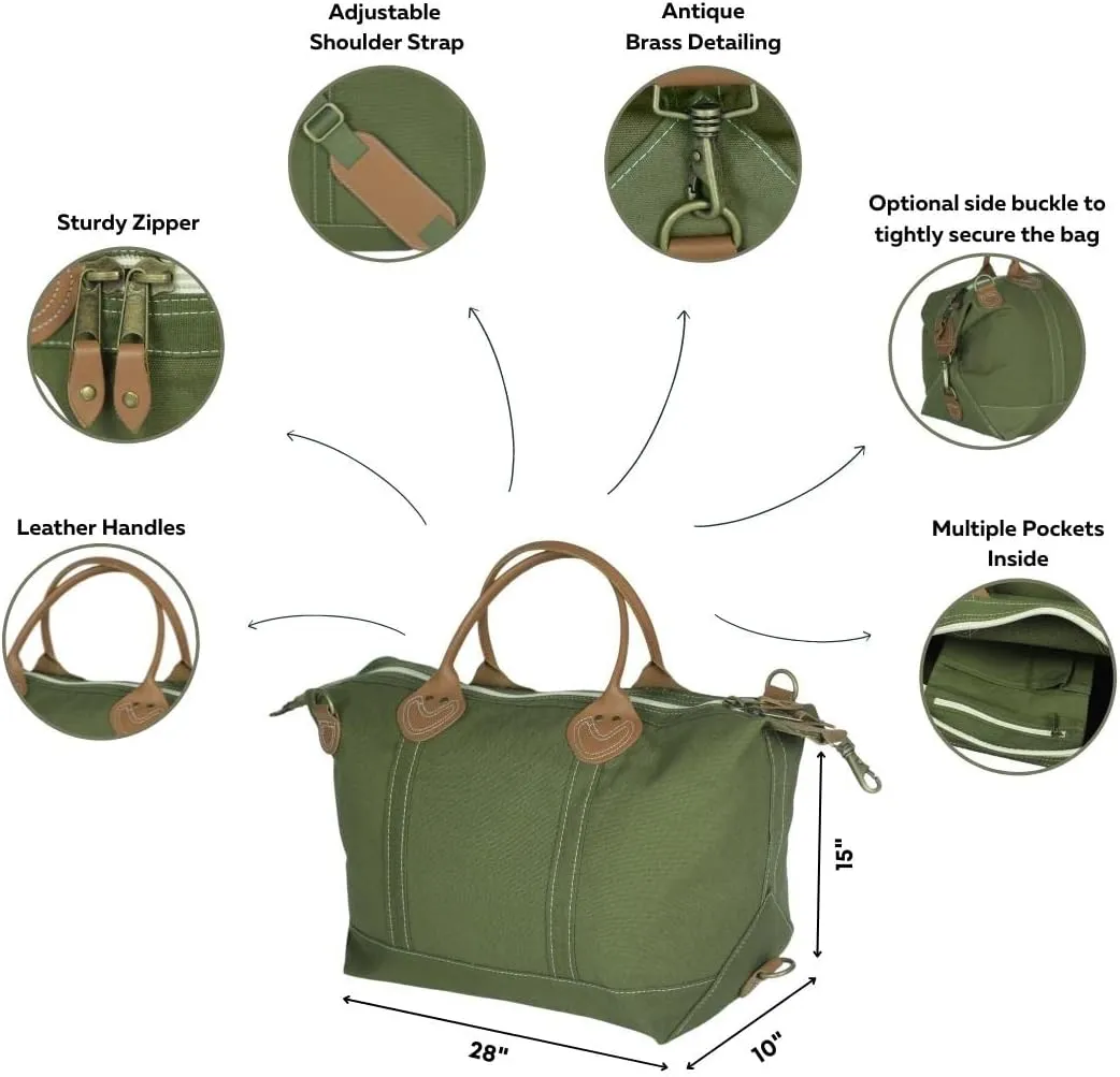 Tag&Crew Solid Signature 18 Oz. Heavy Canvas Leather Handle Weekender Duffle Bag with Detachable Shoulder Strap Used For Overnight Travel Business Trips Short Vacations - Olive