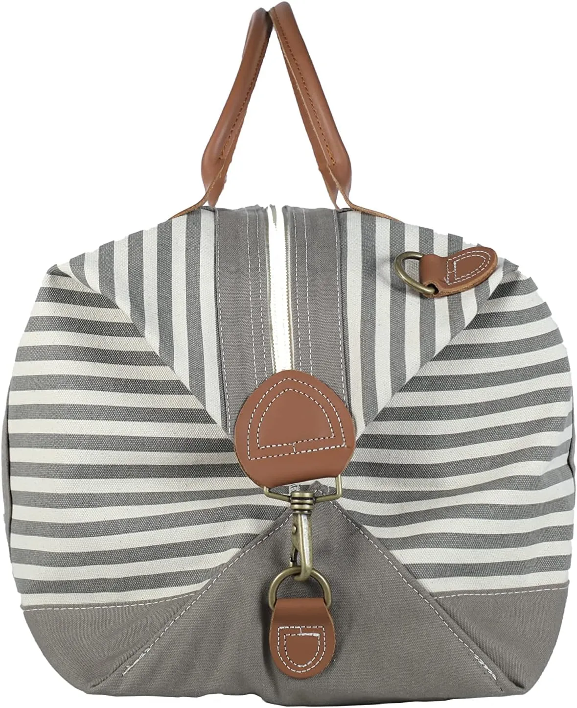 Tag&Crew Weekender Canvas Travel Duffle Signature Stripes Bag with Sturdy Leather Handles Metal Accessories Adjustable Removable Shoulder Strap Designed for Overnight Business Trips Vacations - Gray