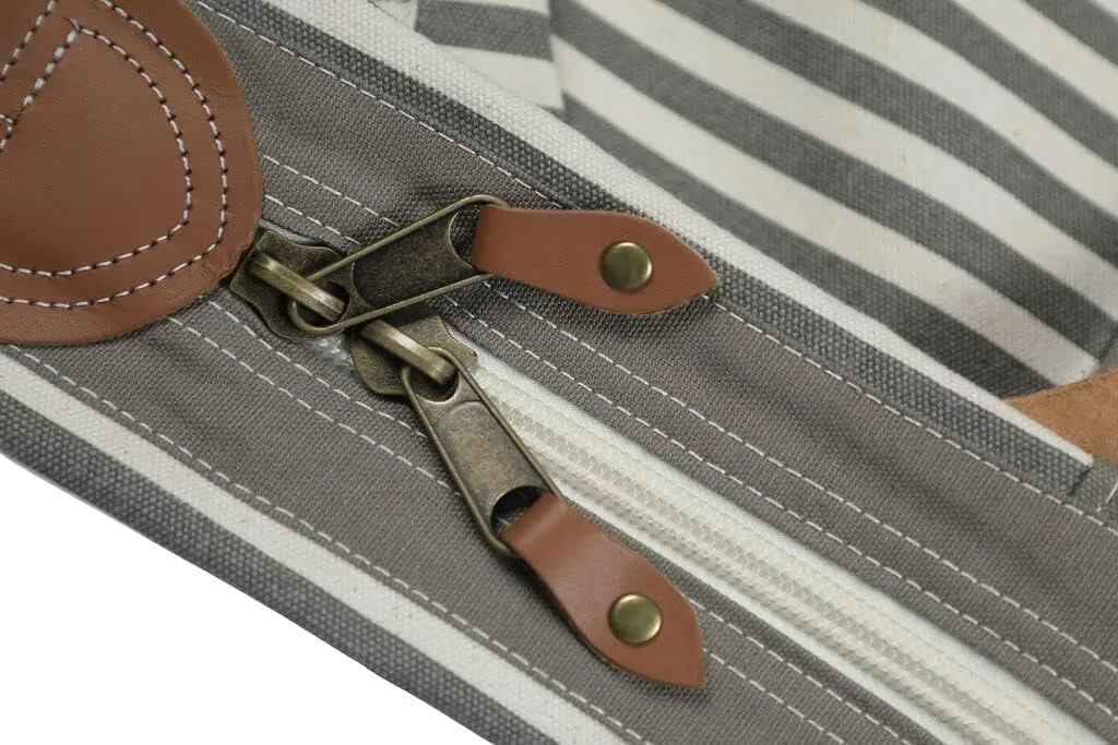 Tag&Crew Weekender Canvas Travel Duffle Signature Stripes Bag with Sturdy Leather Handles Metal Accessories Adjustable Removable Shoulder Strap Designed for Overnight Business Trips Vacations - Gray