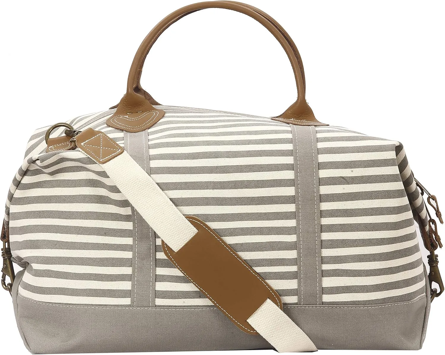 Tag&Crew Weekender Canvas Travel Duffle Signature Stripes Bag with Sturdy Leather Handles Metal Accessories Adjustable Removable Shoulder Strap Designed for Overnight Business Trips Vacations - Gray