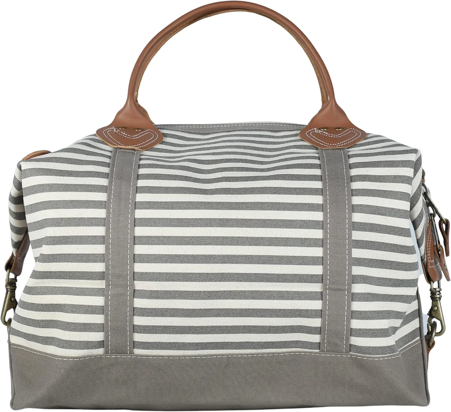 Tag&Crew Weekender Canvas Travel Duffle Signature Stripes Bag with Sturdy Leather Handles Metal Accessories Adjustable Removable Shoulder Strap Designed for Overnight Business Trips Vacations - Gray