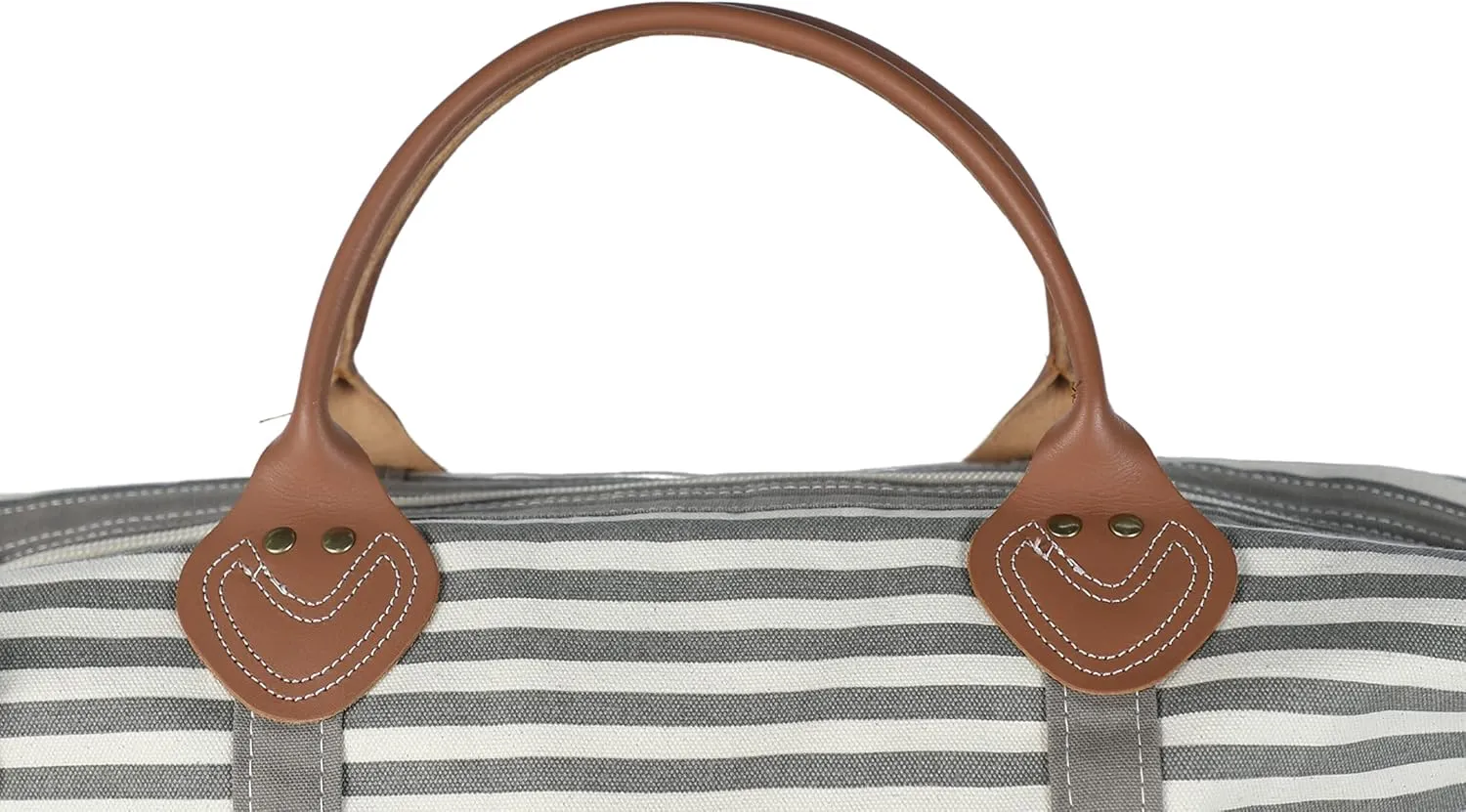 Tag&Crew Weekender Canvas Travel Duffle Signature Stripes Bag with Sturdy Leather Handles Metal Accessories Adjustable Removable Shoulder Strap Designed for Overnight Business Trips Vacations - Gray