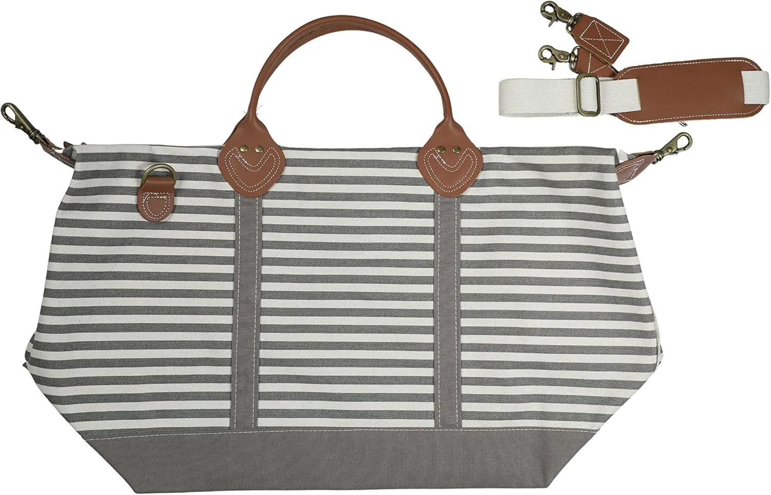 Tag&Crew Weekender Canvas Travel Duffle Signature Stripes Bag with Sturdy Leather Handles Metal Accessories Adjustable Removable Shoulder Strap Designed for Overnight Business Trips Vacations - Gray