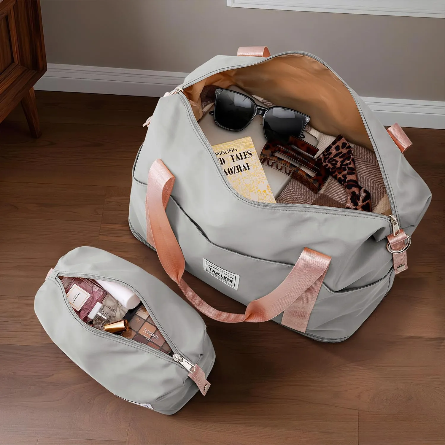 TAKUMI Luggage Set 5 Piece with Duffel Bag ABS Hardshell Suitcase Set with Double Spinner Wheels Travel Lugagge with TSA Lock Lightweight Carry On Suitcase (GREY PINK, 5 PIECE SET)