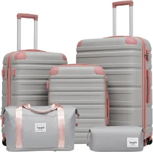 TAKUMI Luggage Set 5 Piece with Duffel Bag ABS Hardshell Suitcase Set with Double Spinner Wheels Travel Lugagge with TSA Lock Lightweight Carry On Suitcase (GREY PINK, 5 PIECE SET)