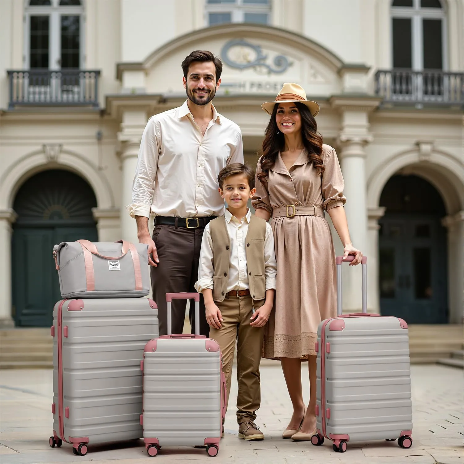 TAKUMI Luggage Set 5 Piece with Duffel Bag ABS Hardshell Suitcase Set with Double Spinner Wheels Travel Lugagge with TSA Lock Lightweight Carry On Suitcase (GREY PINK, 5 PIECE SET)