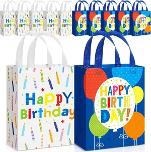 Teenyyou 12 Pcs Happy Birthday Gift Bag Non Woven Wrap Bags with Handle Large Birthday Tote Bags for Goodies 10.2 x 8.3 x 3.9 Inch Reusable Birthday Party Gift Bags for Girls Boys Women Men