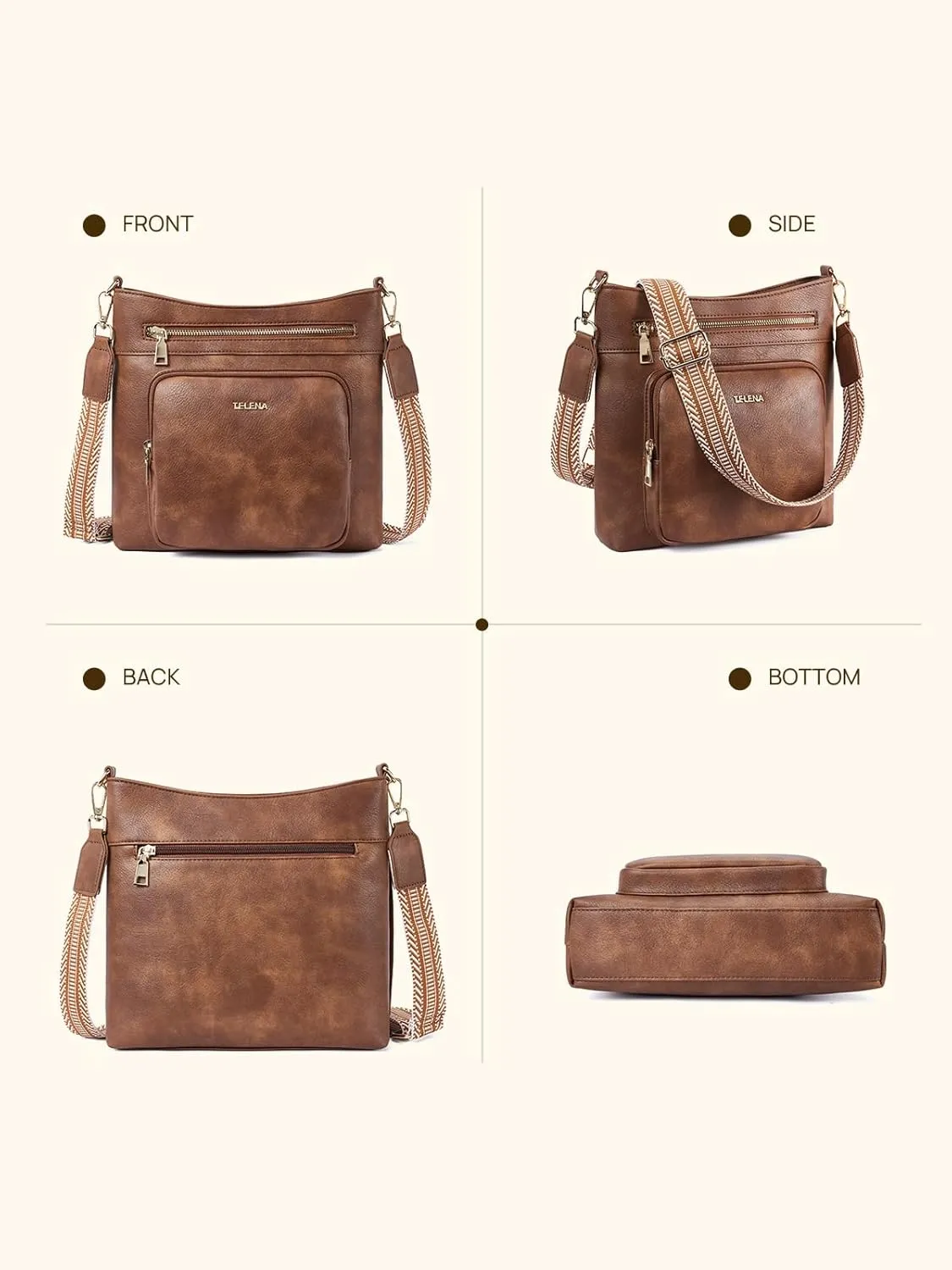 Telena Hobo Bags for Women Leather Purses Crossbody Bag Multi Pockets Large Shoulder Bags with Adjustable Strap