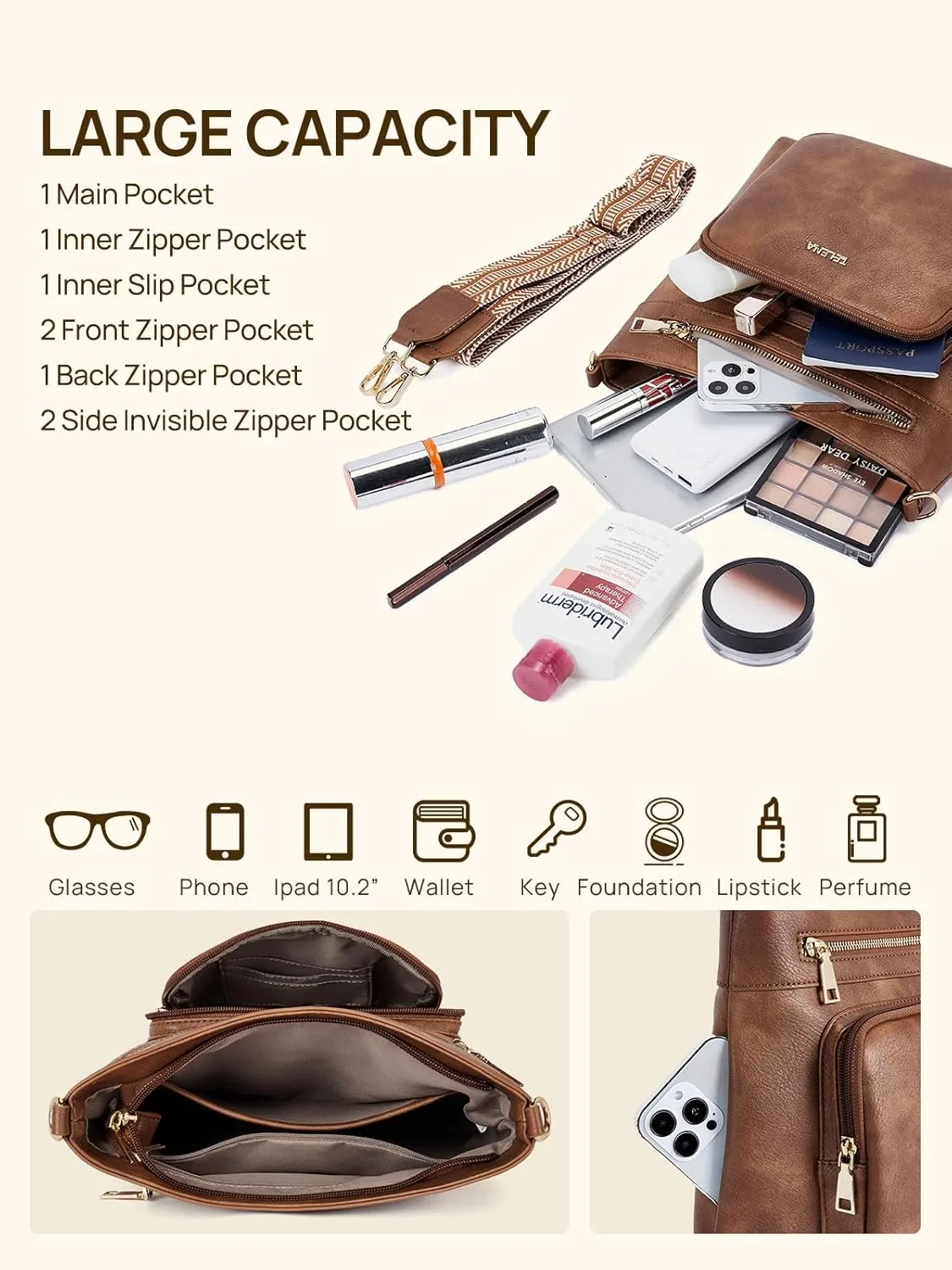Telena Hobo Bags for Women Leather Purses Crossbody Bag Multi Pockets Large Shoulder Bags with Adjustable Strap