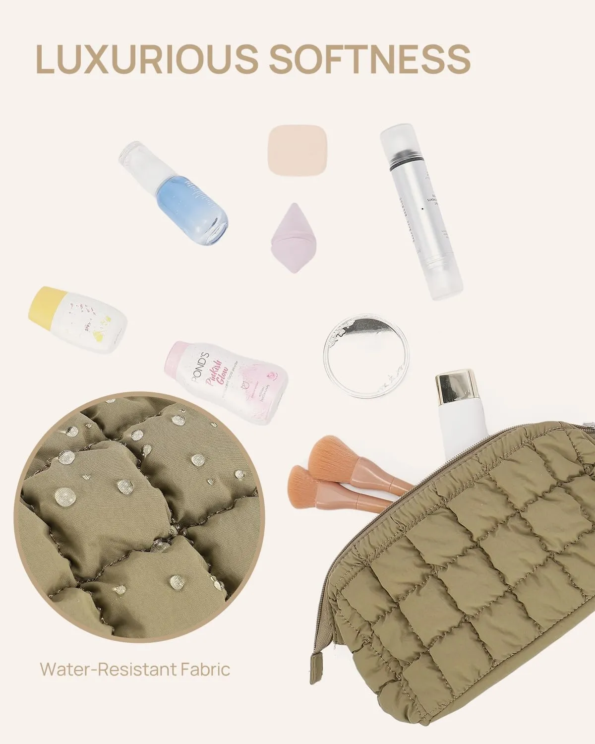Telena Puffer Makeup Bags for Women, Nylon Puffy Padded Make Up Bags for Women Makeup Organizer Case, Wide-open Makeup Pouch Travel Essentials (Dark-Khaki)