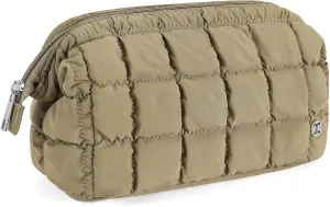 Telena Puffer Makeup Bags for Women, Nylon Puffy Padded Make Up Bags for Women Makeup Organizer Case, Wide-open Makeup Pouch Travel Essentials (Dark-Khaki)