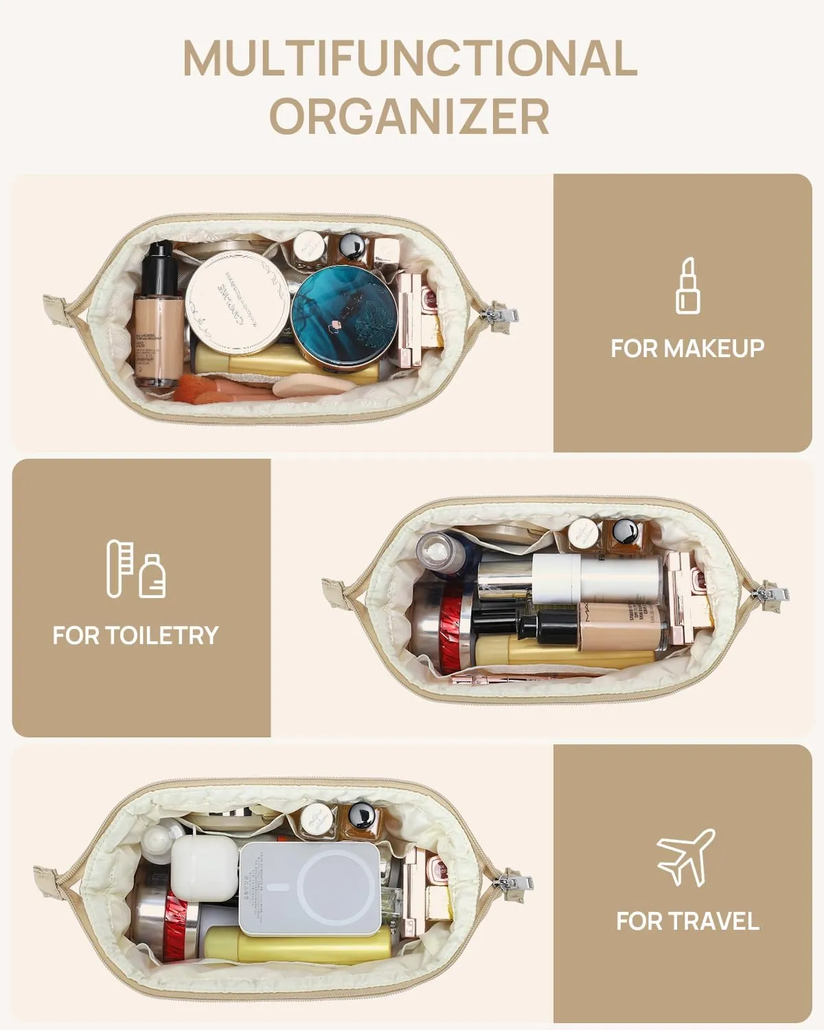 Telena Puffer Makeup Bags for Women, Nylon Puffy Padded Make Up Bags for Women Makeup Organizer Case, Wide-open Makeup Pouch Travel Essentials (Dark-Khaki)