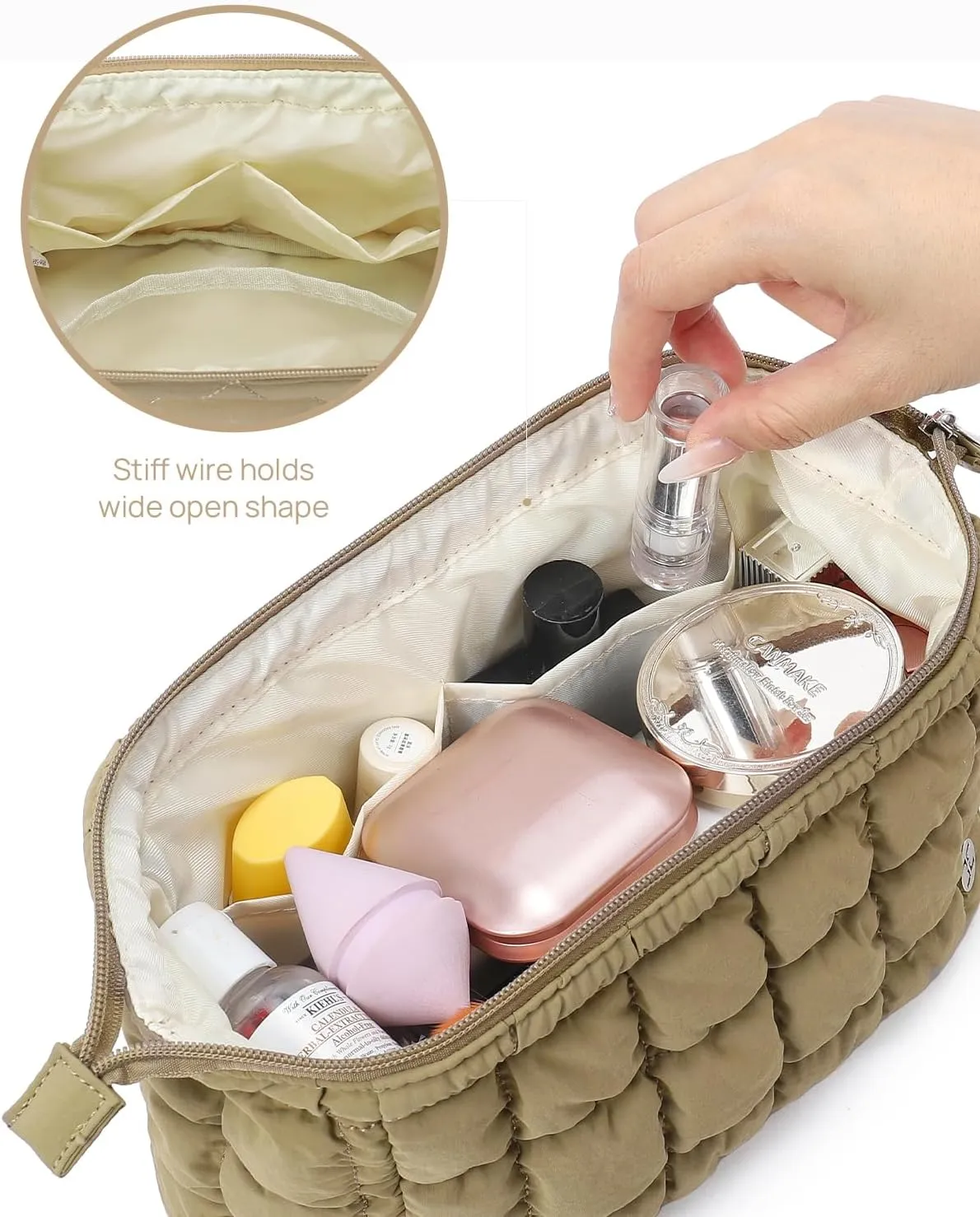 Telena Puffer Makeup Bags for Women, Nylon Puffy Padded Make Up Bags for Women Makeup Organizer Case, Wide-open Makeup Pouch Travel Essentials (Dark-Khaki)