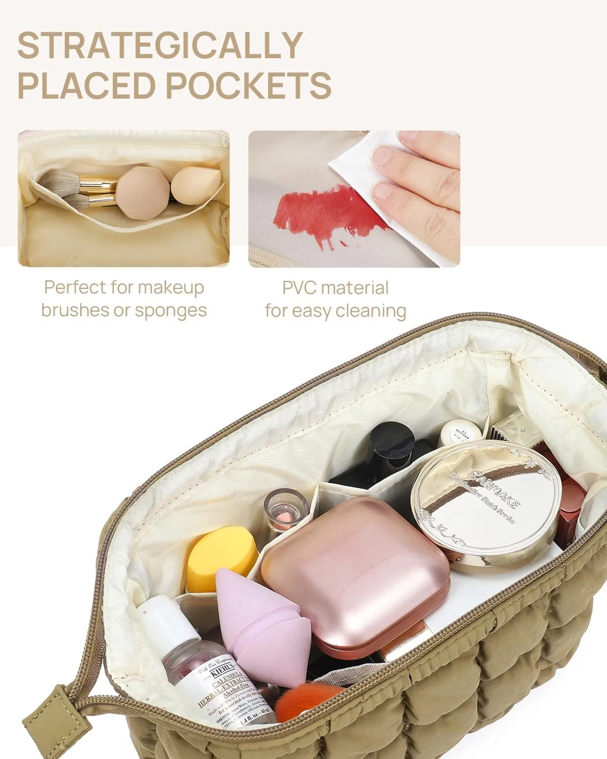 Telena Puffer Makeup Bags for Women, Nylon Puffy Padded Make Up Bags for Women Makeup Organizer Case, Wide-open Makeup Pouch Travel Essentials (Dark-Khaki)