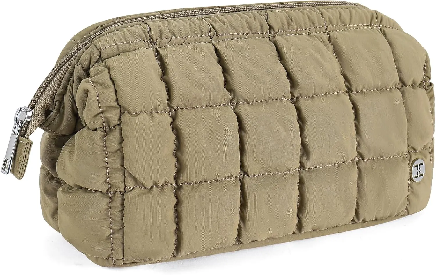 Telena Puffer Makeup Bags for Women, Nylon Puffy Padded Make Up Bags for Women Makeup Organizer Case, Wide-open Makeup Pouch Travel Essentials (Dark-Khaki)
