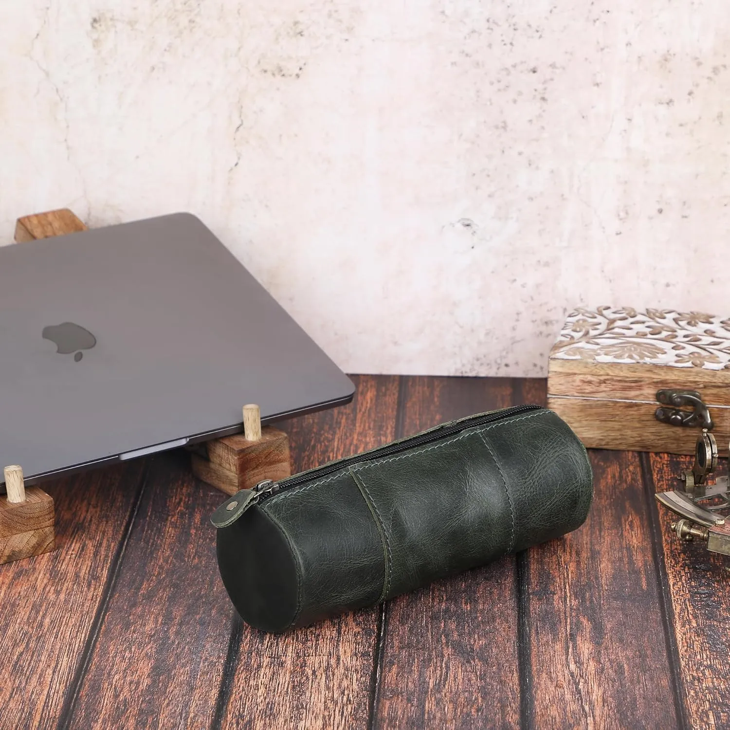 The Antiq Green Leather Small Pencil Pouch - Compact & Slim Genuine Leather Pencil Case with Zipper Men & Women, Leathers Pencil Cases for Adults, Handmade Pencil Holder Pouch