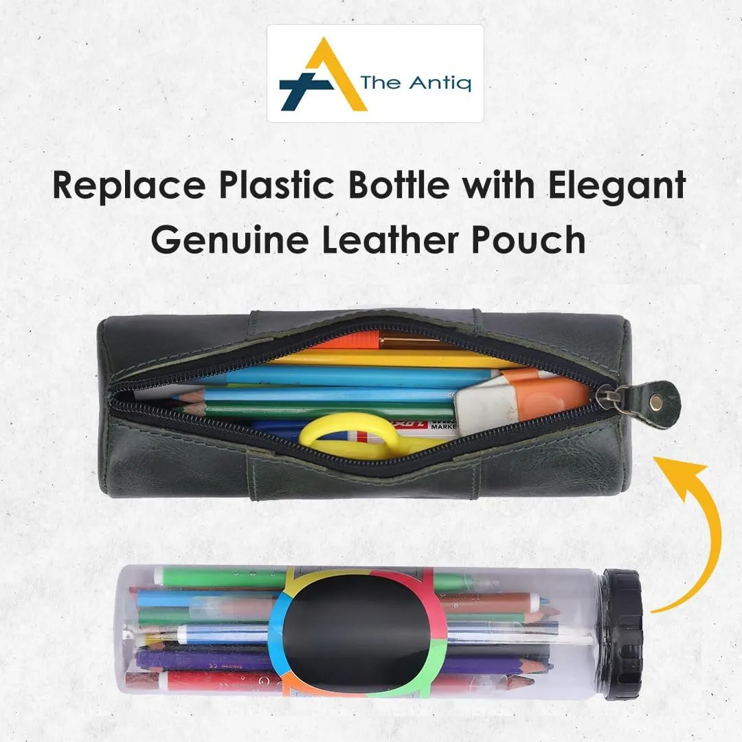 The Antiq Green Leather Small Pencil Pouch - Compact & Slim Genuine Leather Pencil Case with Zipper Men & Women, Leathers Pencil Cases for Adults, Handmade Pencil Holder Pouch