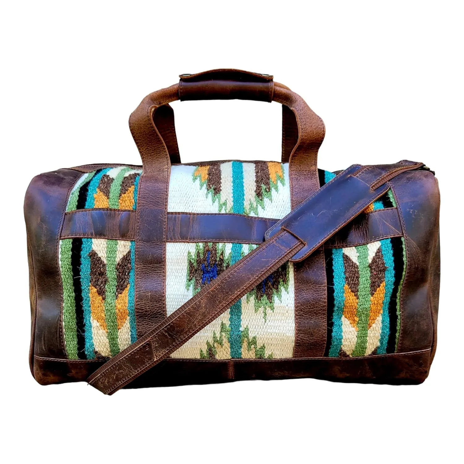 The Southwestern Antique Dark Saddle Brown Leather Aztec Weekender Duffel Bag - 45L (Aspen)