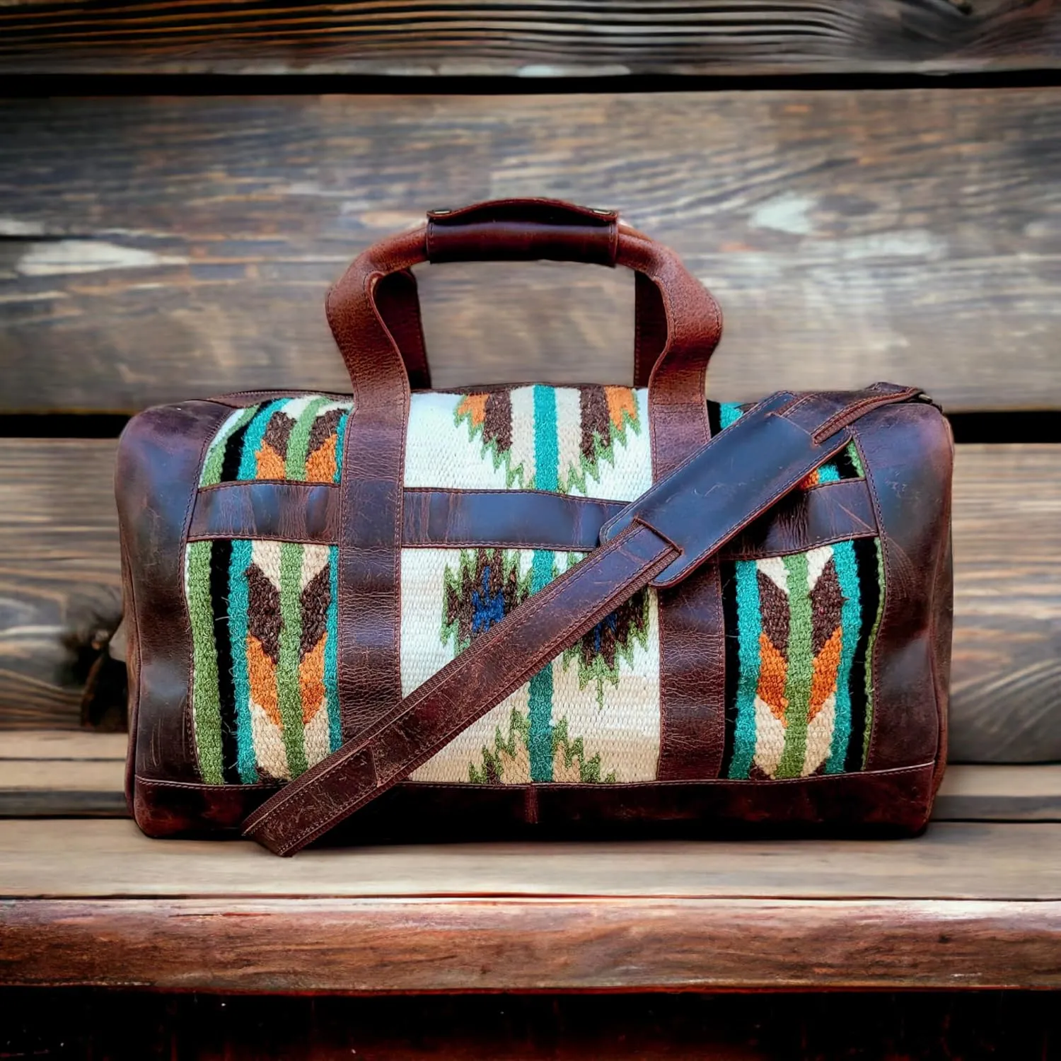 The Southwestern Antique Dark Saddle Brown Leather Aztec Weekender Duffel Bag - 45L (Aspen)